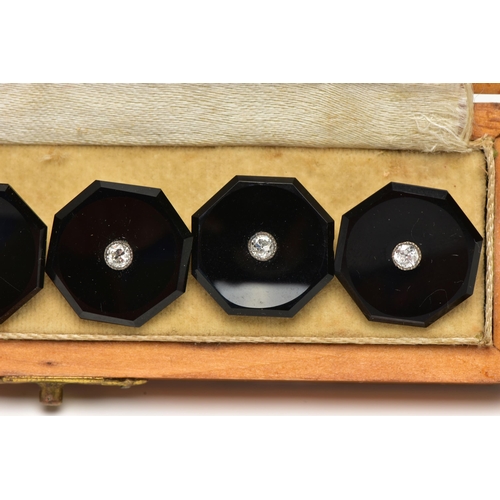 43 - A CASED SET OF SIX MID 20TH CENTURY, ONYX AND DIAMOND DRESS STUDS, each highly polished onyx studs o... 