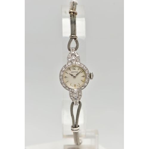 44 - A LADYS MID 20TH CENTURY DIAMOND SET COCKTAIL WATCH, manual wind, round white dial signed 'Vertex', ... 