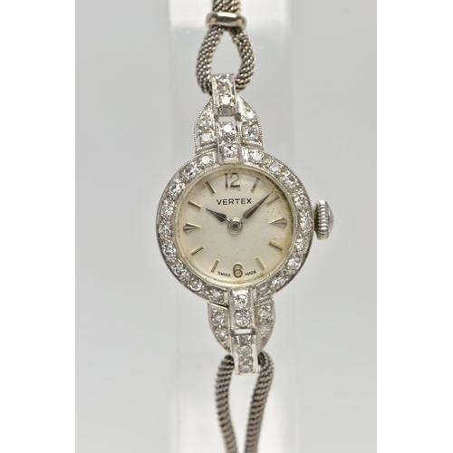 44 - A LADYS MID 20TH CENTURY DIAMOND SET COCKTAIL WATCH, manual wind, round white dial signed 'Vertex', ... 