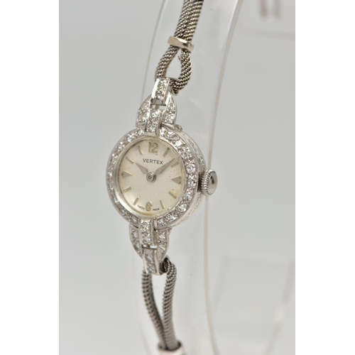 44 - A LADYS MID 20TH CENTURY DIAMOND SET COCKTAIL WATCH, manual wind, round white dial signed 'Vertex', ... 