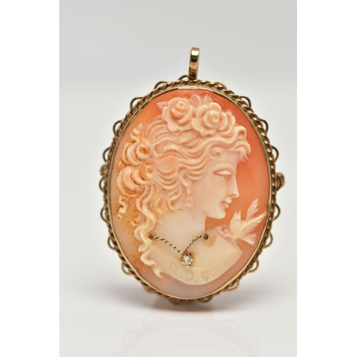 45 - A 9CT GOLD HABILLE CAMEO BROOCH, carved oval shell cameo, depicting a lady in profile, dressed with ... 