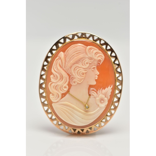 46 - A 9CT GOLD HABILLE CAMEO BROOCH, carved oval shell cameo, depicting a lady in profile, dressed with ... 