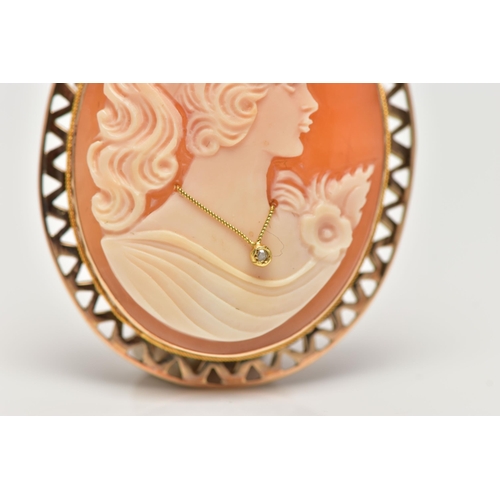 46 - A 9CT GOLD HABILLE CAMEO BROOCH, carved oval shell cameo, depicting a lady in profile, dressed with ... 