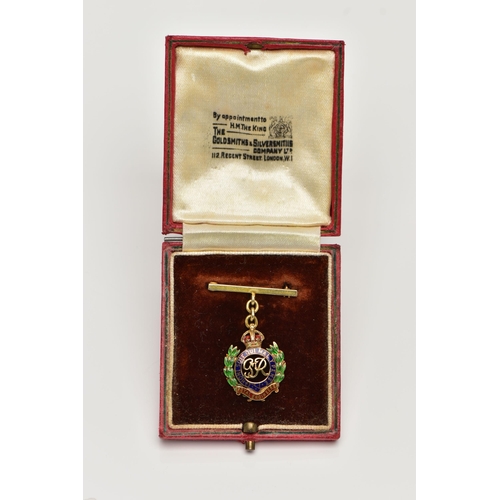 48 - A YELLOW METAL ENAMEL 'ROYAL ENGINEERS' FOB BROOCH, decorated with blue, red and green enamel, inscr... 