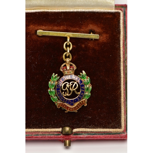 48 - A YELLOW METAL ENAMEL 'ROYAL ENGINEERS' FOB BROOCH, decorated with blue, red and green enamel, inscr... 