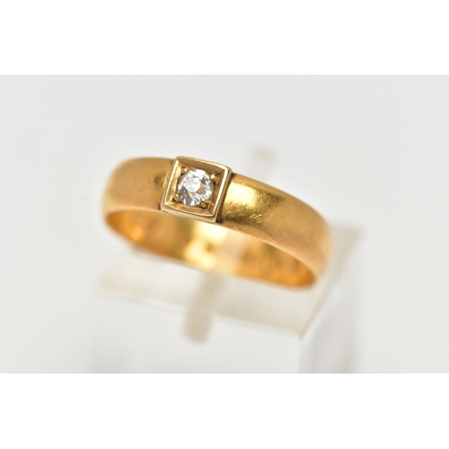 50 - A MID VICTORIAN DIAMOND 22CT GOLD BAND RING, the old cut diamond within a four claw, square setting,... 