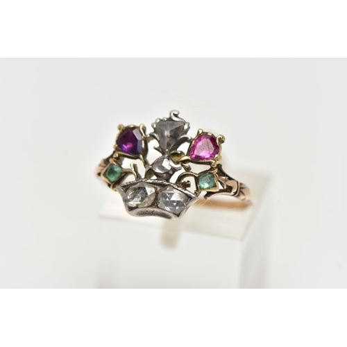 52 - A GOLD, GEORGIAN MULTI GEM SET, GIARDINETTI RING, designed as a basket of flowers set with various g... 