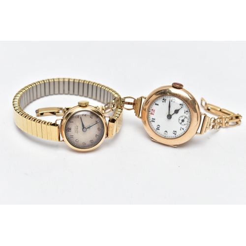 57 - TWO LADY'S 9CT GOLD WRISTWATCHES, the first a manual wind watch, with a round white dial, Arabic num... 