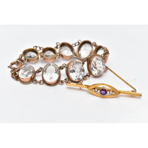 58 - A YELLOW METAL GEM SET EDWARDIAN BROOCH AND A BRACELET, the brooch displaying a circular cut amethys... 