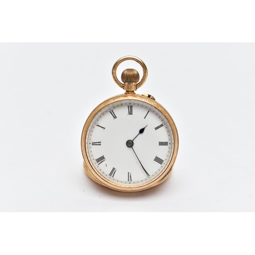 59 - AN EARLY 20TH CENTURY, 18CT GOLD OPEN FACE POCKET WATCH, manual wind, round white dial, Roman numera... 