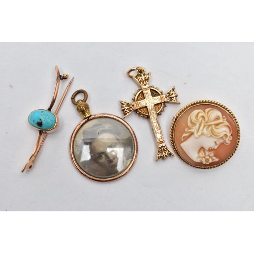 6 - FOUR PIECES OF JEWELLERY, to include a hollow cross pendant, stamped 9ct, fitted with a jump ring, l... 