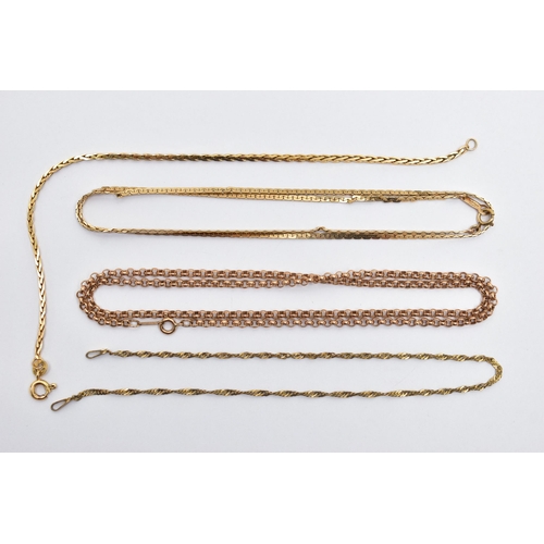 60 - ASSORTED 9CT GOLD AND YELLOW METAL CHAINS, to include a belcher chain, fitted with a spring clasp, a... 