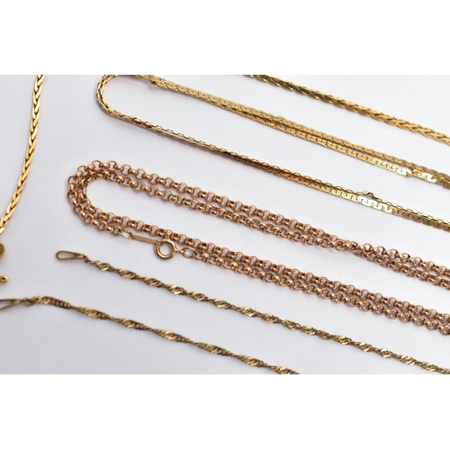 60 - ASSORTED 9CT GOLD AND YELLOW METAL CHAINS, to include a belcher chain, fitted with a spring clasp, a... 