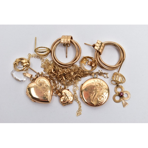 61 - ASSORTED YELLOW METAL JEWELLERY, to include a pair of hoop earrings, two pairs of stud earrings, unm... 