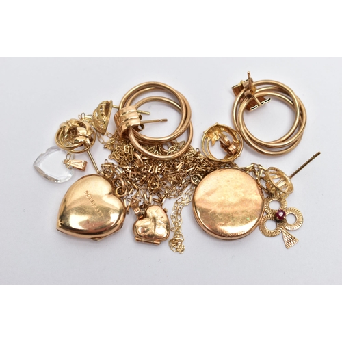 61 - ASSORTED YELLOW METAL JEWELLERY, to include a pair of hoop earrings, two pairs of stud earrings, unm... 