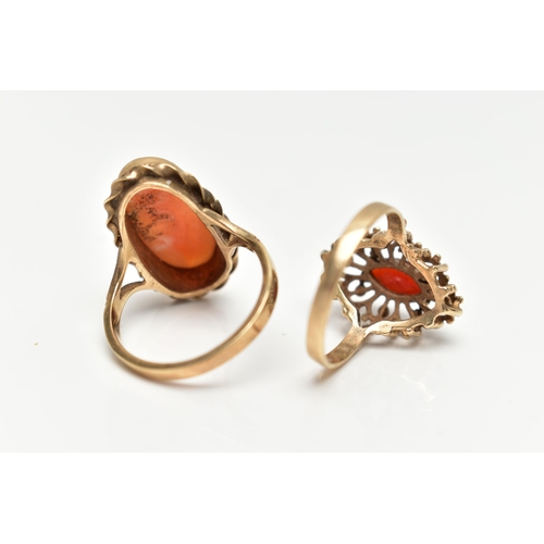 62 - TWO 9CT GOLD RINGS, the first a marquise cut garnet set within an open work beaded mount with a high... 