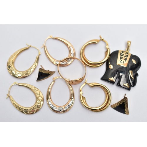 64 - AN ASSORTMENT OF 9CT GOLD AND YELLOW METAL JEWELLERY, to include a pair of double hoop earrings with... 