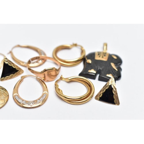 64 - AN ASSORTMENT OF 9CT GOLD AND YELLOW METAL JEWELLERY, to include a pair of double hoop earrings with... 