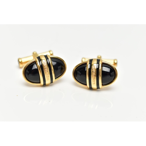 65 - A PAIR OF YELLOW METAL, ENAMELLED 'MONTBLANC' CUFFLINKS, each of an oval form, inscribed 'Montblanc'... 