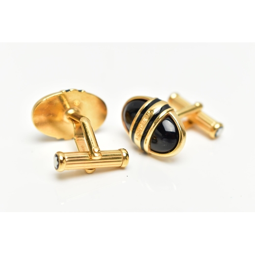 65 - A PAIR OF YELLOW METAL, ENAMELLED 'MONTBLANC' CUFFLINKS, each of an oval form, inscribed 'Montblanc'... 