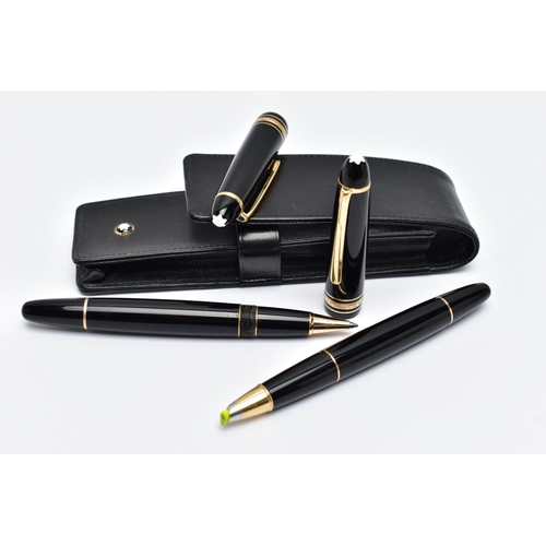 67 - A CASED SET OF TWO 'MONTBLANC' PENS, to include a black lacquer and gold trim ball point pen, signed... 