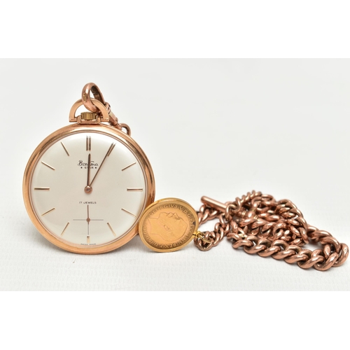 69 - A 9CT GOLD ALBERT CHAIN WITH A 'BENTIMA' POCKET WATCH AND A HALF SOVEREIGN COIN, graduated rose gold... 