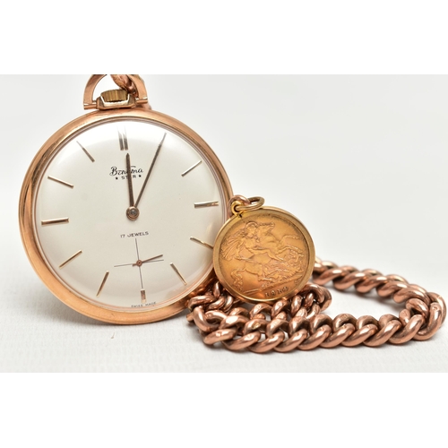 69 - A 9CT GOLD ALBERT CHAIN WITH A 'BENTIMA' POCKET WATCH AND A HALF SOVEREIGN COIN, graduated rose gold... 