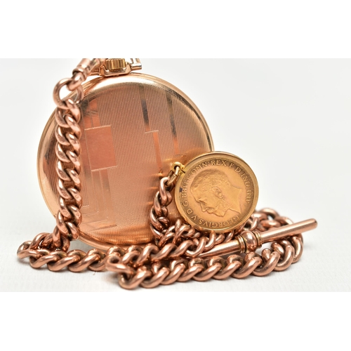 69 - A 9CT GOLD ALBERT CHAIN WITH A 'BENTIMA' POCKET WATCH AND A HALF SOVEREIGN COIN, graduated rose gold... 