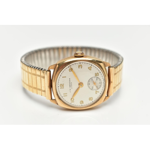 70 - A 9CT GOLD 'J.W.BENSON' WRISTWATCH, manual wind, round silver dial signed 'J.W.Benson, London', Arab... 