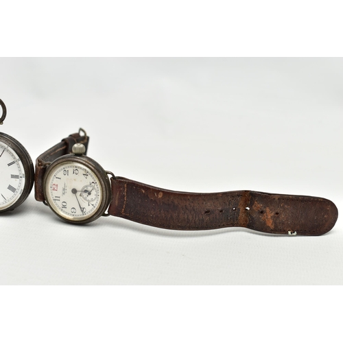 71 - TWO OPEN FACE POCKET WATCHES AND A 'WALTHAM' WRISTWATCH, the first a key wound, silver pocket watch,... 