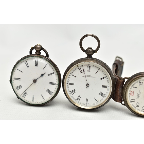 71 - TWO OPEN FACE POCKET WATCHES AND A 'WALTHAM' WRISTWATCH, the first a key wound, silver pocket watch,... 
