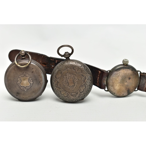 71 - TWO OPEN FACE POCKET WATCHES AND A 'WALTHAM' WRISTWATCH, the first a key wound, silver pocket watch,... 
