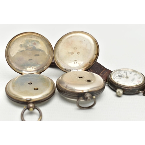 71 - TWO OPEN FACE POCKET WATCHES AND A 'WALTHAM' WRISTWATCH, the first a key wound, silver pocket watch,... 