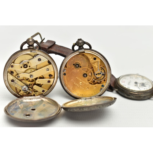 71 - TWO OPEN FACE POCKET WATCHES AND A 'WALTHAM' WRISTWATCH, the first a key wound, silver pocket watch,... 