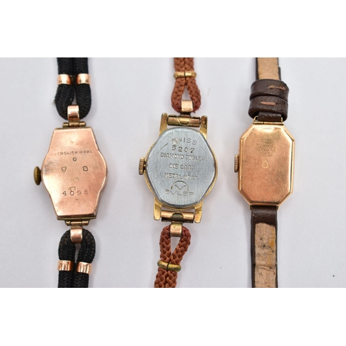 73 - THREE LADY'S WRISTWATCHES, to include a mid 20th century gold case manual watch, round silver dial, ... 