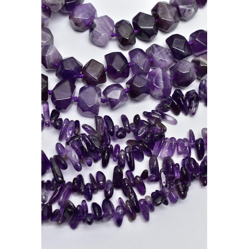 76 - TWO LARGE STATEMENT AMETHYST BEAD NECKLACES, the first a double row of irregular amethyst beads, fit... 