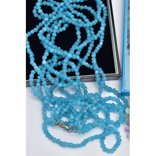 78 - THREE BOXED SEMI-PRECIOUS GEMSTONE BEAD NECKLACES, to include a long single row of alternating colou... 