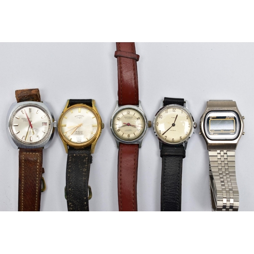 79 - FIVE GENTS WRISTWATCHES, to include a 'Cauny, Swiss 17 rubies', watch, manual wind, round silver dia... 