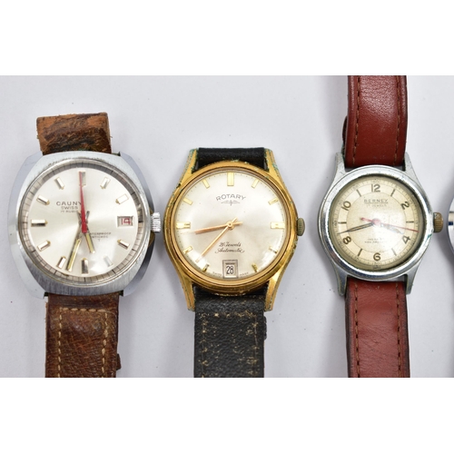 79 - FIVE GENTS WRISTWATCHES, to include a 'Cauny, Swiss 17 rubies', watch, manual wind, round silver dia... 