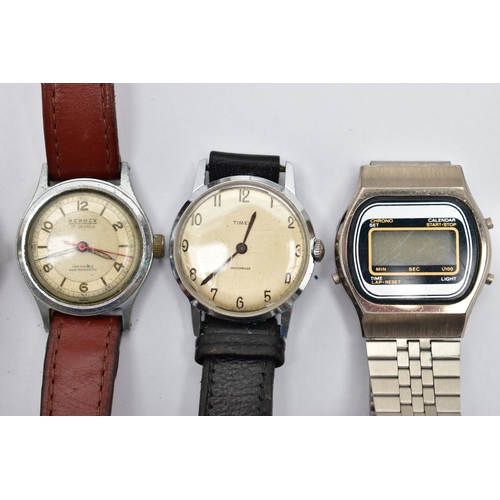 79 - FIVE GENTS WRISTWATCHES, to include a 'Cauny, Swiss 17 rubies', watch, manual wind, round silver dia... 