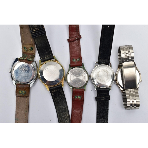 79 - FIVE GENTS WRISTWATCHES, to include a 'Cauny, Swiss 17 rubies', watch, manual wind, round silver dia... 