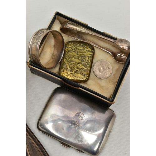 81 - A BAG OF ASSORTED SILVER ITEMS, to include a small silver cigarette case, polished case with engrave... 