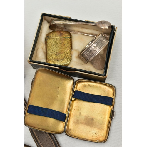 81 - A BAG OF ASSORTED SILVER ITEMS, to include a small silver cigarette case, polished case with engrave... 