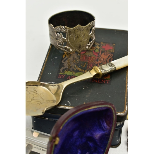 86 - A BOX OF ASSORTED JEWELLERY AND OTHER ITEMS, to include a  rose metal centurian signet ring (a/f), s... 