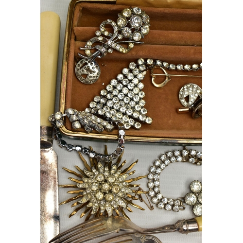 87 - A SMALL BOX OF ITEMS, to include a green travel jewellery box, with contents of costume brooches, tw... 
