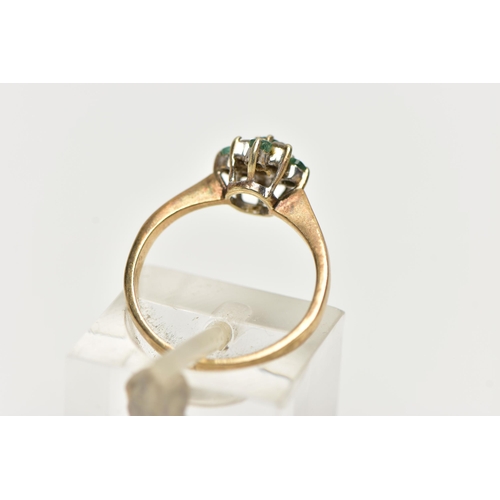 9 - A 9CT GOLD EMERALD AND DIAMOND CLUSTER RING, of a diamond shape, set with five circular cut emeralds... 