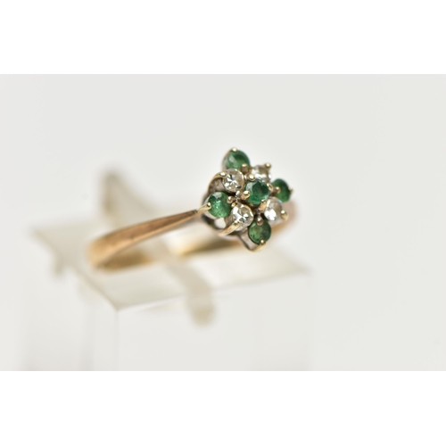 9 - A 9CT GOLD EMERALD AND DIAMOND CLUSTER RING, of a diamond shape, set with five circular cut emeralds... 