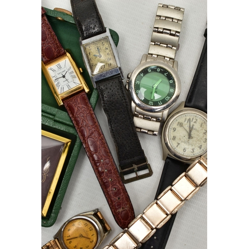 90 - A BOX OF ASSORTED WRISTWATCHES, mostly quartz movements, together with a cased travel clock and watc... 