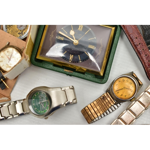 90 - A BOX OF ASSORTED WRISTWATCHES, mostly quartz movements, together with a cased travel clock and watc... 