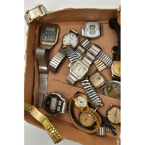 90 - A BOX OF ASSORTED WRISTWATCHES, mostly quartz movements, together with a cased travel clock and watc... 